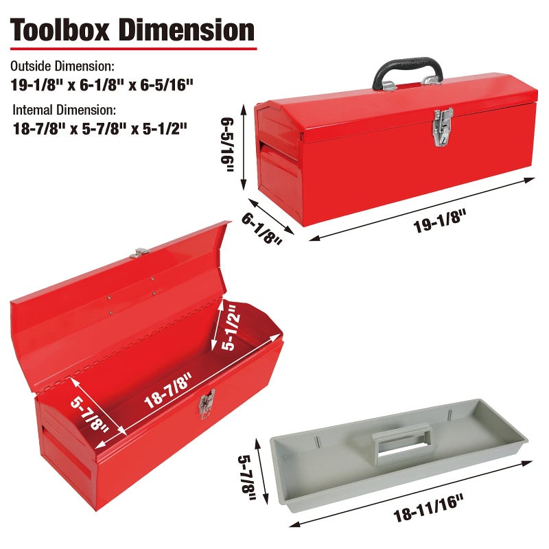 TORIN BIG RED ATB212 Torin 19" Hip Roof Style Portable Steel Tool Box with Metal Latch Closure and Removable Storage Tray, Red - Image 2